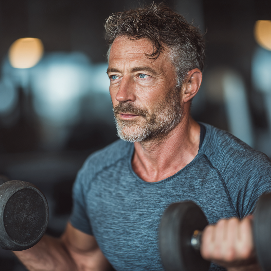 Active man in his 50s performing strength training exercise with dumbbells in a well-equipped fitness center, demonstrating proper form and dedication to healthy lifestyle