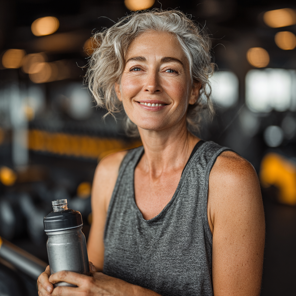 Confident middle-aged woman in her 40s wearing athletic wear, smiling while holding a water bottle in a modern gym setting, representing health and fitness achievements